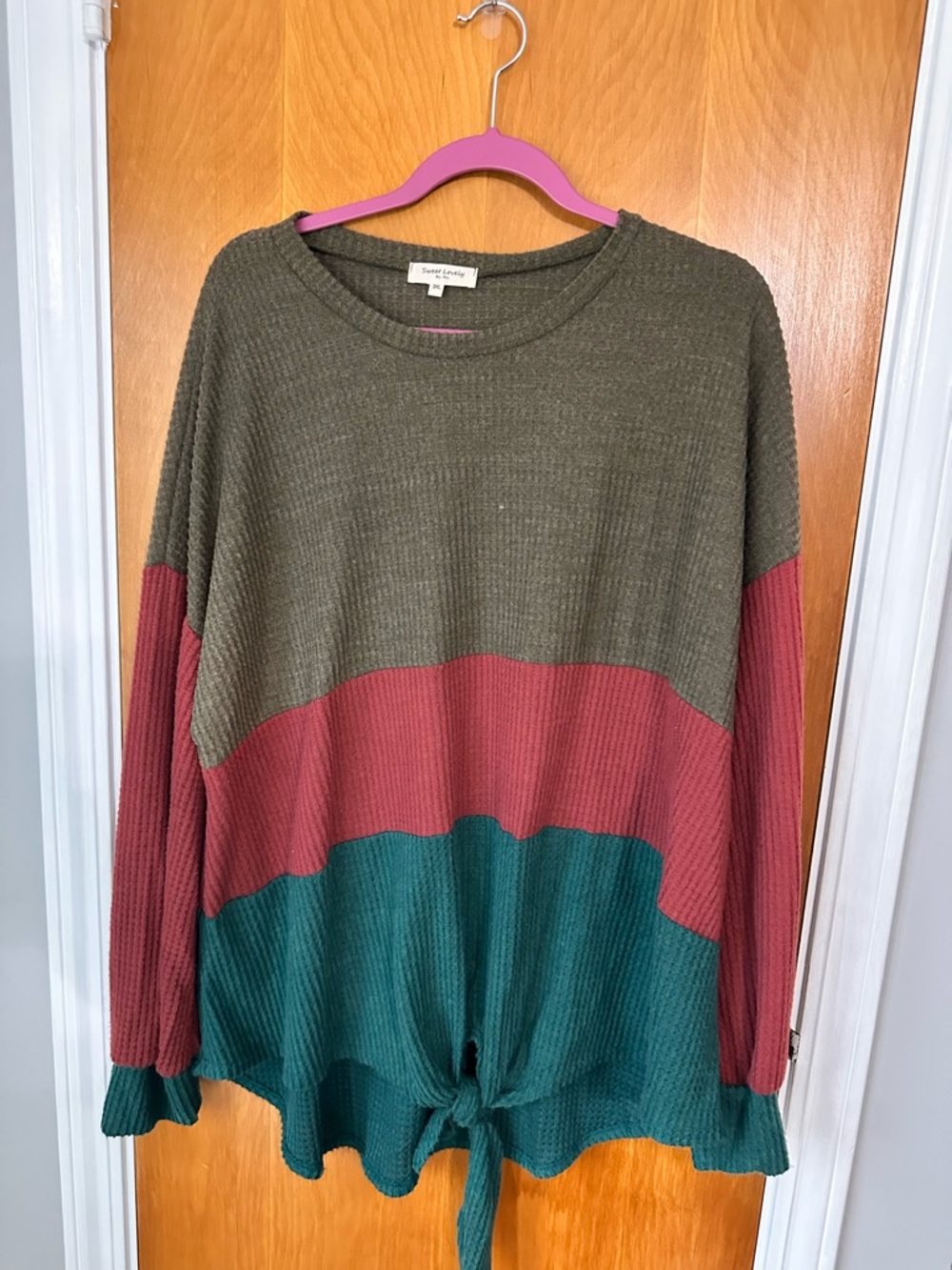Sweet Love Olive, Rose, Teal Colorblock Tie-Front Sweater